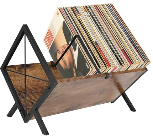 bssmmai Vinyl Record Storage Rack, 80-100 LP Vinyl Record Holder with Anti-Slip Mat, Wooden Record Shelf with Adjustable Divider for Album, CDs, Books, Mags, Files - Brown