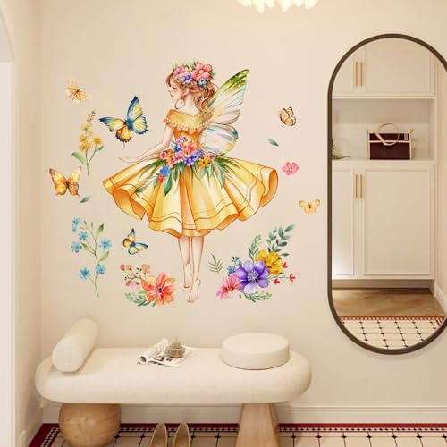 WOFEU Mädchen Wandaufkleber, Blumenfee Wandtattoo | bunte Blumenwandtapete, bunte Schmetterlinge, Dekoration, DIY, ablösbare Vinylkunst für Mädchen, Babyzimmer, Schlafzimmer