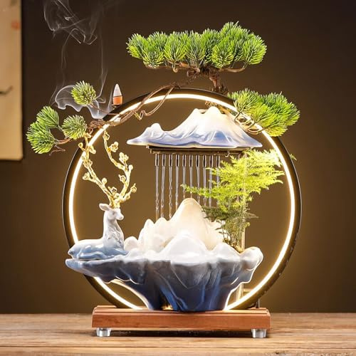Fontaine d'intérieur avec brumisateur, fontaine zen de 35,5 cm de haut avec lumière LED ronde, brumisateur et porte-encens, décoration de méditation zen for la maison ou le bureau.