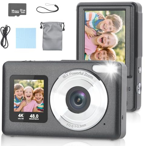 Bestrip Digitalkamera 4K 48MP Vlogging Kamera Dual Screen mit 32GB SD Karte Kompaktkamera Autofokus Geschenk für Kinder Teenager Anfänger
