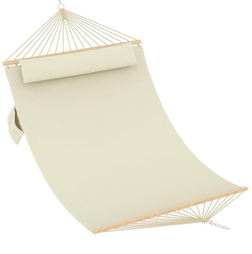 Garvee Double Quilted Hammock for 2 Person, 3.5m Large Garden Hammock with Wooden Spreader Bar & Detachable Pillow, 204kg Capacity Outdoor Swing Bed with Chains, White