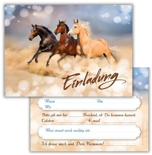 JuNa-Experten 12 Einladungskarten Geburtstag Kinder Mädchen – Drei Pferde Design, Einladungskarten für Kindergeburtstag, Geburtstagskarten mit Tieren, Geburtstagsfeier Einladungen