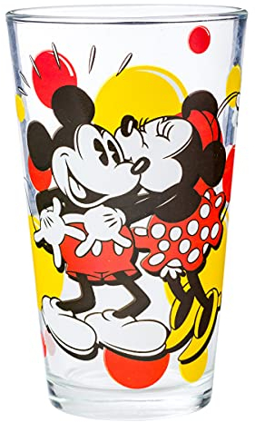Disney Classic Mickey and Minnie Kiss Dots Pint Glass with Gift Box, 16-Ounces, Red and Black