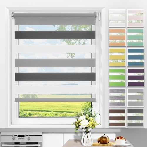 Allesin Doppelrollo Klemmfix ohne Bohren & mit Bohren, Duo Rollos für Fenster und Tür, Klemmrollo Fensterrollo lichtdurchlässig, Sonnenschutz, B55 x H150cm (Stoffbreite 55cm) Weiss-Grau-Anthrazit