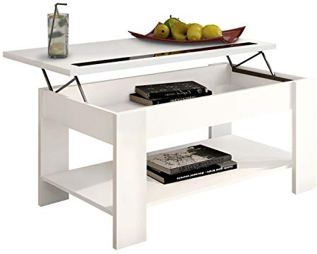 duehome | Mesa de Centro elevable, mesita de salón Comedor, Acabado en Blanco, Modelo Agueda, Medidas: 90 cm (Largo) x 50 cm (Ancho) x 45,5/57,5 cm (Alto)