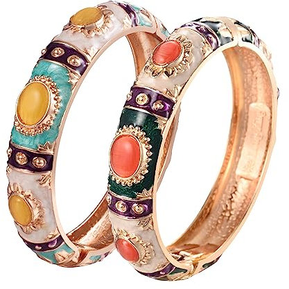UJOY Emaille-Armreif für Frauen, handgefertigtes Blumen-Armband für Damen, Vintage-Schmuck-Geschenk – 2 Stück Damen-Emaille-Armbänder, Handemaille-Armbänder, Goldener Armreifen Emaille Bunt