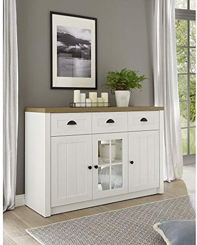 Lomadox Landhaus Anrichte/Sideboard in Pinie weiß und Eiche hell, Breite: 130 cm