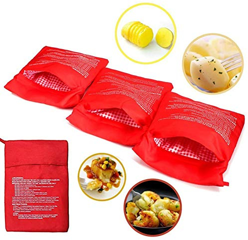 YUIP 4 PCS Bolsa para Patatas en Microondas, Patatas Microondas Bolsa,Bolsa de Papas para Microondas,Cocer Patatas en Microondas Tortillas, Lavable Reutilizable Bolsa de Patata de Microondas, Rojo