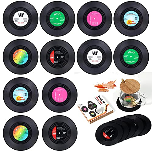 Soundzero 12 Stück Retro Vinyl Schallplatten Untersetzer, Retro Coffee Untersetze, Isolierte Kaffee Getränke Untersetzer, Retro CD Schallplatten Vinyl Untersetzer, Für Kaffee, Getränke, Tisch Schutz