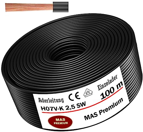 MAS-Premium Cable eléctrico H07 V-K 1 x 2,5 mm², negro, cable individual, flexible, de 5 a 100 m (100 m)