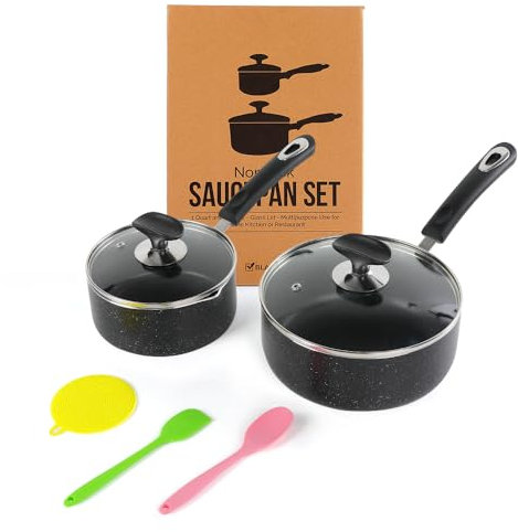 RATWIA - Set di casseruole antiaderenti, 1 quarto e 2 quarto, pentola per salsa ultra antiaderente con coperchio in vetro, ideale per la casa cucina, ristorante, nero