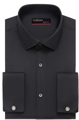 Gollnwe Men's French Cuff Dress Shirt Slim Fit Stretch Solid Long Sleeve Shirts Bussiness Formal Black M