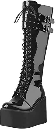 MissHeel Damen Absatzstiefel mit Keilabsatz Langschaft Stiefel Keilstiefel Plateau mit Schnüren Gothische Stiefel Schwarz EU 39