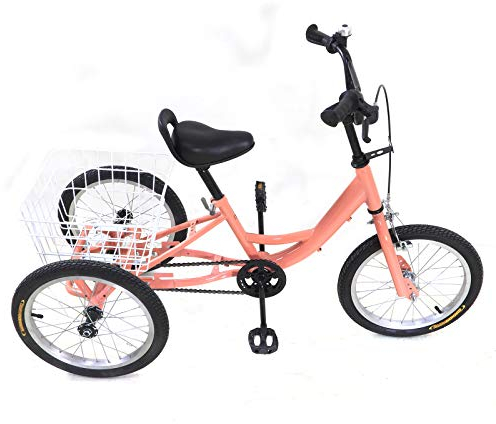 Ethedeal Dreirad Fahrrad 16 Zoll Singlespeed 3-Rad Fahrrad, Kinderdreirad mit Einkaufskorb 7-10 Jahre, zum Reisen, Reiten und Einkaufen (Hellorange)