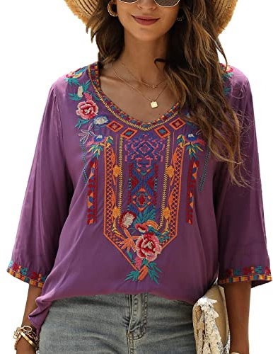 LauraKlein Damen Sommer Boho Stickerei Mexikanische Bohemian Tops V Ausschnitt 3/4 Ärmel Causal Lose Hemd Bluse Tunika, Purple328, Groß