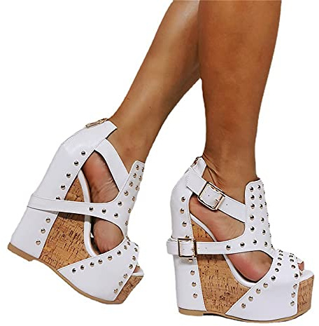 BeAUZQ Damen Sexy Plateau Open Toe High Heels Keilsandalen Modische Punk Nieten Pumps Club Hochzeit Kleid Lässige Urlaubsschuhe