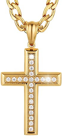 HZMAN 24K Gold Plated Solid CZ Cross Necklace for Men Women Stainless Steel Religion Jewelry with 24 Inch Figaro Chain (Gold)