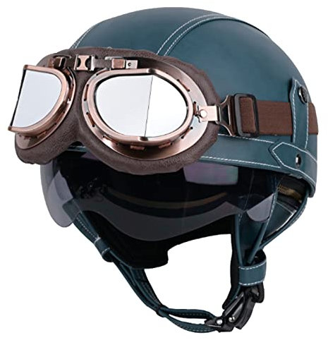 LHBM Rétro Casque Moto Bols,Casques Demi-Jet Homologué Dot/ECE avec Visière UV Lunettes Casque de Moto Cuir Style de Vintage Demi Casque pour Scooter Bike Chopper Moped Casque K,M=57-58cm