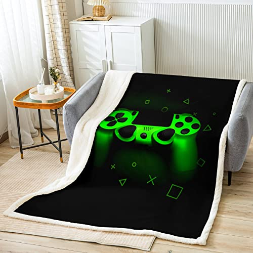 Spieler Überwurfdecke Jungen Spielen Fleece Decke Kinder Videospiel Schlafsofa Schlafsaal Dekoration Spielen Plüschdecke Teens Grün Glitzer Retro Spiel Regler Decke ganzjährig weich 130 x 150 cm