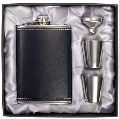 Flachmann für Herren, 237 ml, Lederflasche, Geschenkset, LHD HOME 304 Edelstahl-Flachmann-Set mit Trichter, Schnapsgläser, schönes Geschenk für Whiskey, Rum, Trauzeugen, Hochzeit, Leder, Schwarz