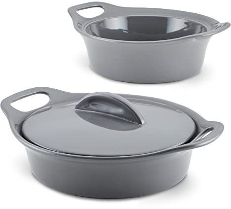 Rachael Ray Solid Glazed Ceramics Casserole Bakeware/Baker Set with Shared Lid, 3 Piece, Dark Gray