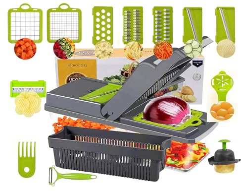 Hachoir à légumes, râpe à légumes 14 en 1, hachoir à oignons, hachoir à pommes de terre, hachoir à légumes multifonctionnel, hachoir à aliments avec récipient