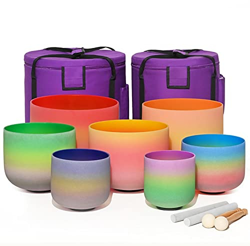 Ensemble De Bols Chantants En Cristal De Quartz Givré Arc-en-ciel De 6 À 12 Pouces, For Le Yoga, La Guérison Par Le Son, Le Nettoyage Des Cristaux, La Méditation, Avec Percuteur En Daim