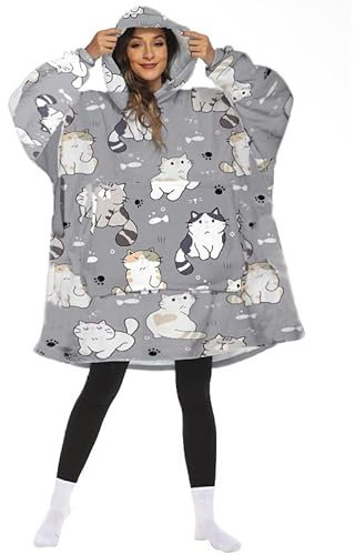 LUBOSE Cartoon bedruckte Decke Pullover, Pfannkuchen Kapuzendecke, modisch warm haltend weich, super Dalian Hoodie, Decke mit übergroßen Taschen (Einheitsgröße, graue Katze)