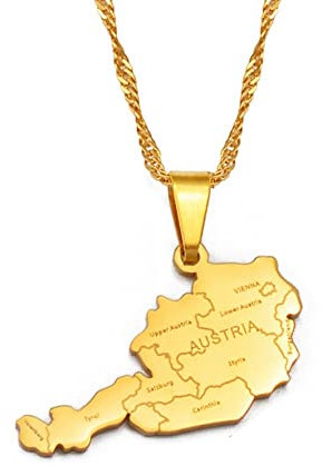 Stylish-Art Österreich Karte Anhänger Halsketten,Österreich Karte Mit Städtenamen Muster Amulett Halskette,Unisex Hip Hop Fashion Style Party Jubiläumsgeschenk,Gold,60Cm Kette