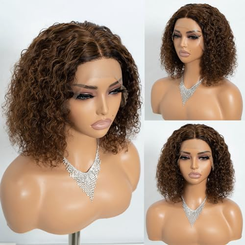 Joedir Kinky Curly Bob Perücke 100% Echthaar Lace Front Perücken für Frauen Jerry Curl Echthaar Perücke Pre Plucked Haaransatz mit Babyhaar (Mixed Honey Blonde)