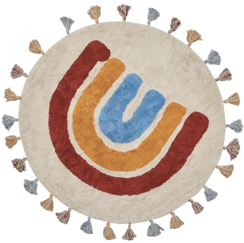 Beliani Teppich Baumwolle beige mit geometrischem Muster Fransen rund 120 cm Boho Yagci