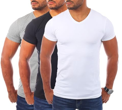 Young & Rich Herren Uni T-Shirt mit V-Ausschnitt Basic V-Neck Tee mit Stretchanteilen einfarbig Slim fit 1700