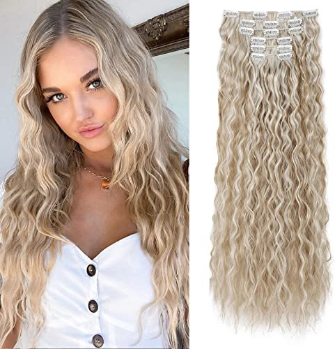 FLUFYMOOZ Clip in Extensions, 61cm 6PCS Lange gewellt Wellige Clip in Haarverlängerungen Dickes Natürliches Weiches Synthetisches Haarteil Für Frauen Mädchen Blond mit weißblonden Highlights