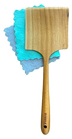 Fiodio Home Teak Wooden Spatula For cooking With Microfiber Cloth - Natural Non Stick Healthy Kitchen Utensils Spoons Wide Turner Handcrafted With Comfort Grip By