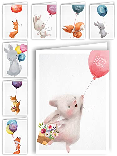 Geburtstagskarten 8er Set hochwertige Glückwunschkarten zum Geburtstag, Tierisch niedlich, Briefkarten mit Umschlag, Happy Birthday Karten, Grußkarte, süß niedlich, Märchen, Kindergeburtstag, Hase Bär