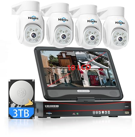 【5MP+PoE PTZ】Hiseeu 5MP Kit Videosorveglianza PoE Esterno, Tracciamento Auto Rilevamento di Uomo, 8CH NVR 3TB HDD 10'' Monitor con 4X5MP Telecamera PTZ, 30m Visione Notturna a Colori, 24/7