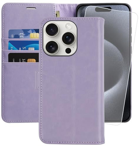 MONASAY für Handyhülle iPhone 15 Pro Max 5G 6.7 Zoll Hülle,[Schutzfolie][Kartenfach][Standfunktion][Magnet][RFID Schutz],Stoßfeste Schutzhülle,Premium Leder Flip Case, Lavendel