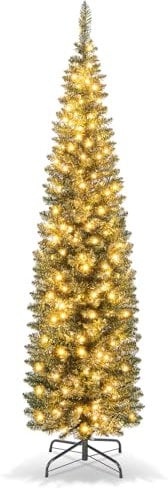 COSTWAY Albero di Natale Slim da 150/180/210 CM, Albero di Natale Artificiale con 296/390/499 Punte di Ramo, 150/180/200 Luci LED Bianche Calde, Supporto Pieghevole in Metallo (180 cm)