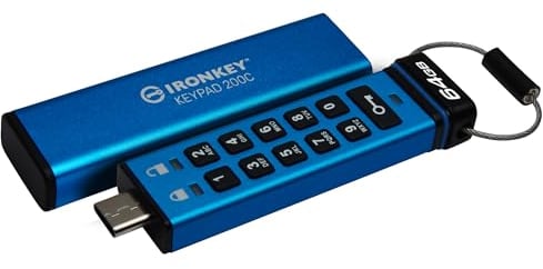 Kingston IronKey Keypad 200C 64GB Verschlüsselter USB | Alphanumerische Tastatur | Multi-Pin-Zugang | XTS-AES 256-bit | FIPS 140-3 Level 3 Zertifiziert (Ausstehend) | IKKP200C/64GB, Blau