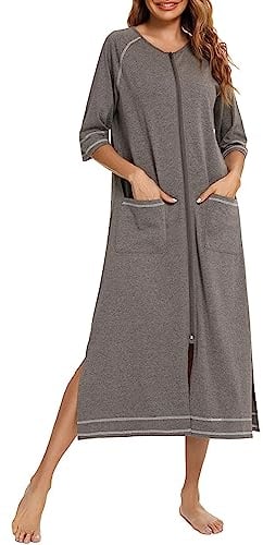 Damen Saunakilt Dusch Morgenmantel Saunabademantel Elegant Langarm Bademäntel V-Ausschnitt Schlafanzug Baumwolle Bade Poncho Herren Nachtkleid Kurzgrößen Leicht Mantel Grey XXL