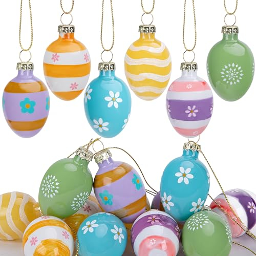12 Stück Glas-Ostereier zum Aufhängen, 5 x 3,1 cm Ostereier zum Aufhängen, kleine Blumen, Osterdekoration, Eier, Baumschmuck für Party, Geburtstag, Haus, Garten, Dekoration