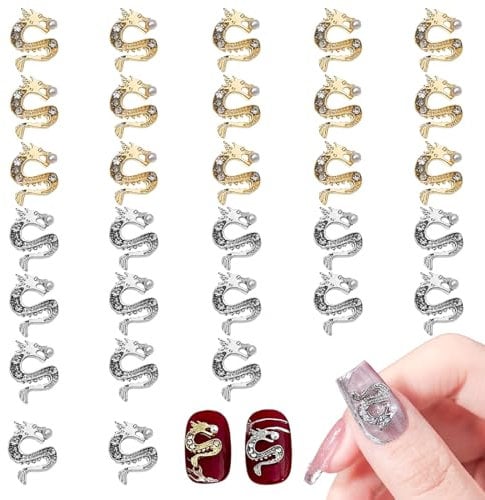 Chinese Dragon Nail Charms,30PCS 3D Metal Zodiac Dragon Playing Pearls Nail Gems for Long Nails,Gold & Sliver Animal Nail Jewellry Nail Art Decoration for Women Girls Nail Art Design DIY Crafts(B)