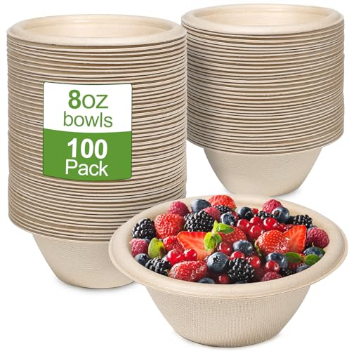 GREENESAGE 100 Pack 8oz Disposable Bowls Small Paper Eco-Friendly, Sugarcane Strong Brown Biodegradable Soup Bowl for Parties BBQ Picnic