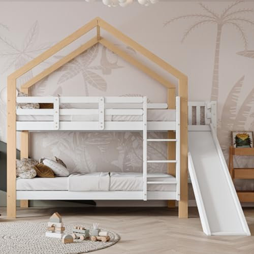 buiesjole Hochbett 90x200 cm Mit Rausfallschutz Etagenbett Mit Rutsche Und Winkelaufstiegsleiter Kinderbett Bettrahmen Aus Massivholz Hausbett Jugendbett Für Kinder Jugendliche Weiß+Natur