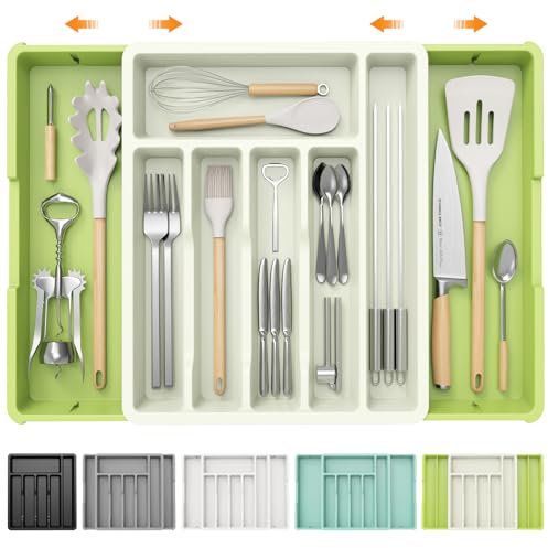 iDavosic.ly Besteckkasten für Schubladen, Erweiterbarer Besteckeinsatz für Schubladen Cutlery 1rganizer Küche, Verstellbarer Besteckhalter Besteck Spoon Gabeln Kunststoff Messer, Grün & Weiß