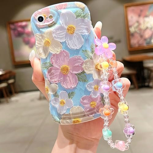 for iPhone SE Case 2022/2020 iPhone 8/7 Curly Wavy Case, Cute Colorful Retro Oil Painting Flower Glossy Pattern [with Bead Chain], Slim Fit Shockproof Protective Cover for Girls Women (Green)