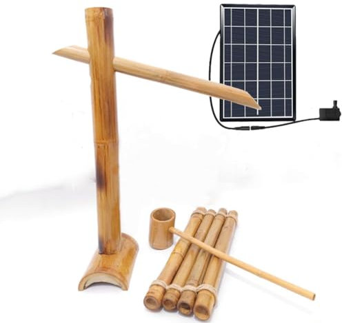 Bamboo Water Fountain Kit with Solar Water Pump, Bamboo Raft & Water Ladle, DIY Indoor/Outdoor Zen Garden Water Features, Japanese Garden Decor,27in