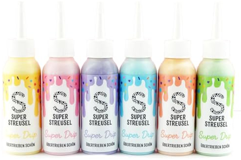 Super Streusel SuperDrip PastellSet 6x130g Flaschen | Vanille Schoko Geschmack | Drip Glasur für Kuchen Torten Plätzchen Muffins und co. | Drip Cake Glasur | Super Drip Cake Set