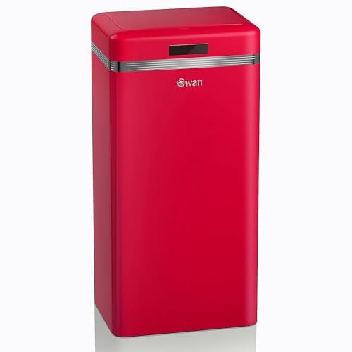 Swan Retro Automatic Kitchen Trash Can, Motion Sensor, 45 Litres, Metal, Smart Recycling Bin, Large Capacity, Vintage Design, Red
