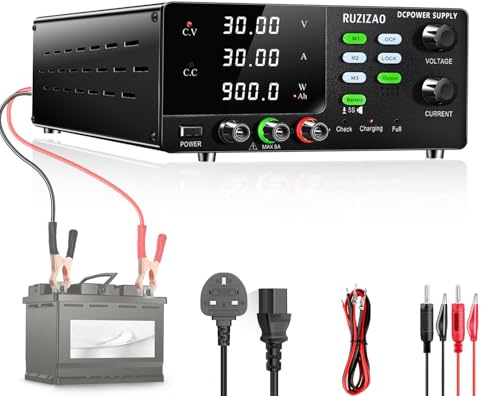 RUZIZAO Bench Power Supply Variable 30V 30A,High Power 900W Encoder Regulated DC Power Supply 6V 12V 24V LiFePO4 Lithium Ion Battery Charger Lab DC Power Supply with Memory Function OCP/Lock Button